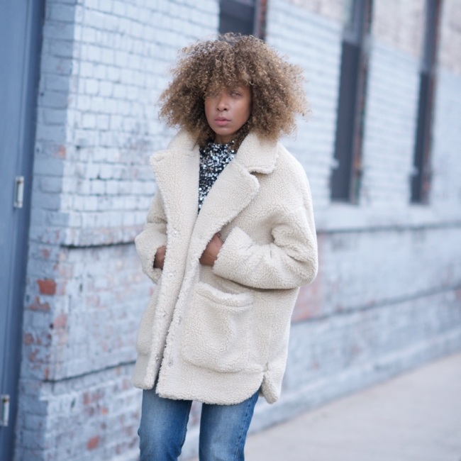 teddy coat, monki coat, monki teddy coat, faux fur coats, oversized teddy coat, sequin top, high waist jeans