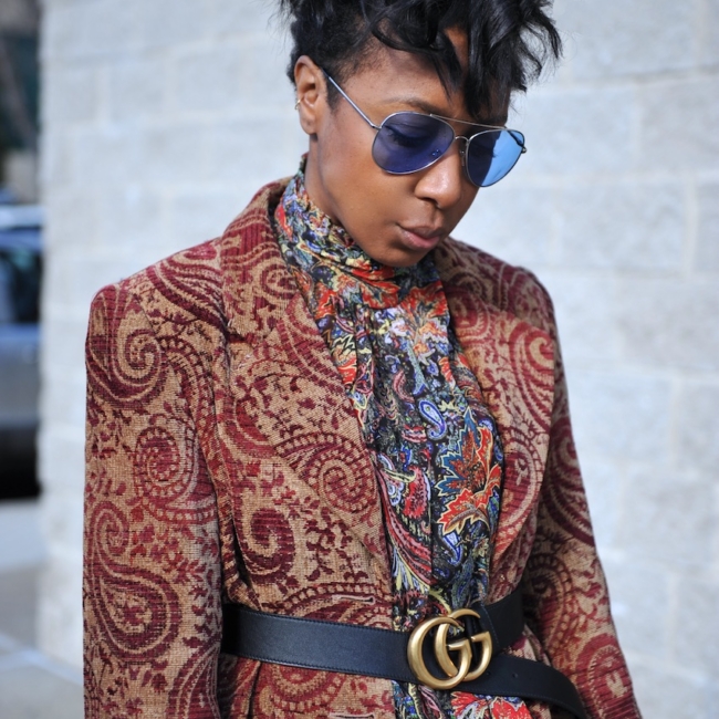 Karen Blanchard wearing the Gucci marmont belt