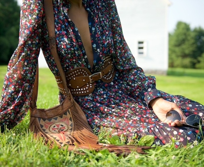 maxi dress, fringe bag, studded belt