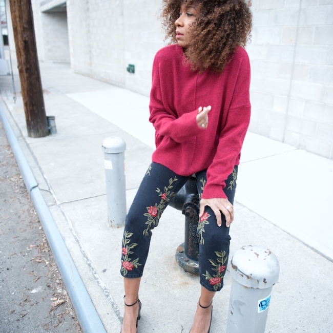 Karen Blanchard wearing Topshop embroidered floral denim jeans