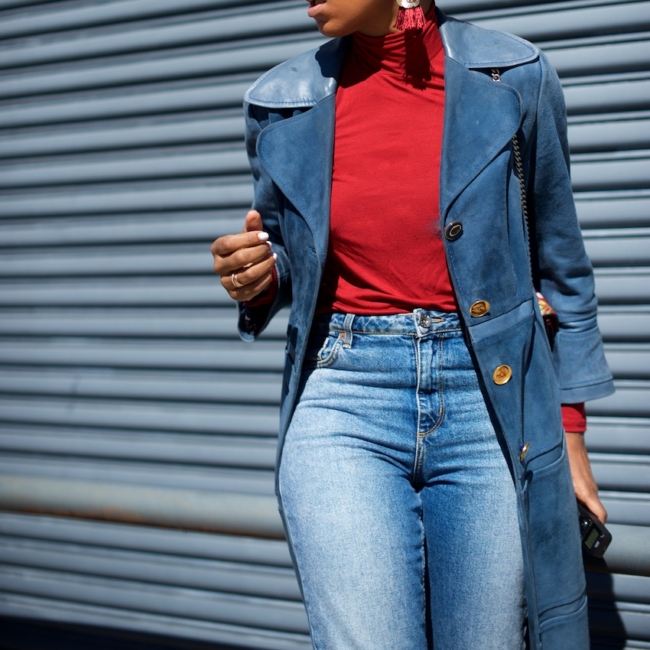 vintage suede trench coat and statement earrings