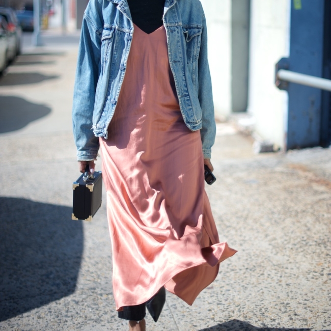 karen blanchard the fashion blogger wearing an H&M satin slip dress with a denim jacket