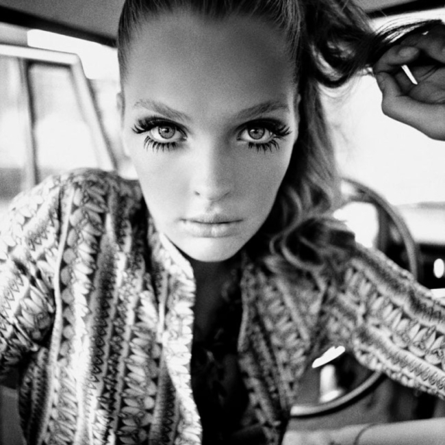 Fashion editorial of the mod sixties showing false lashes and retro fashion